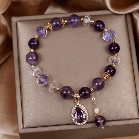 14K Plated Beaded Bracelet Water Drop Shape Synthetic Gemstones Pendant Elegant Hand Jewelry