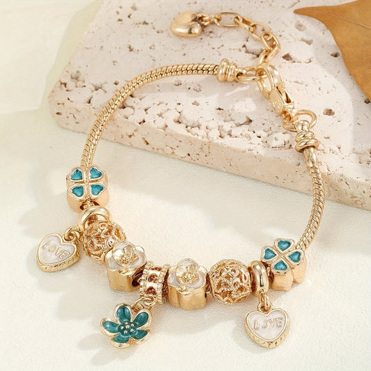 1pc Minimalist And Fashionable Charm Bracelet, Pink And Blue Flower Series Love Heart Clover Flower DIY Charm Bracelet