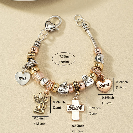Snake Chain Beaded Bracelet Cross & Love Heart Etc Shape Pendant Sweet Alloy Bracelet For Women & Girls