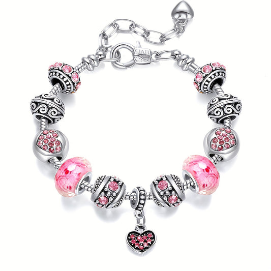 1pc Pink Love Heart Pendant Beaded Bracelet With Rhinestone Beads Elegant Hand String Boho Style