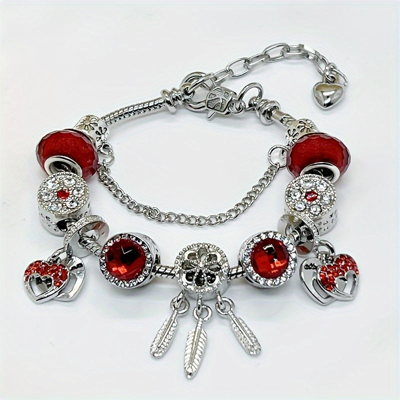 1pc Stunning Red Heart Charm Bracelet with Rhinestone Beads - Perfect Valentine's Day Gift