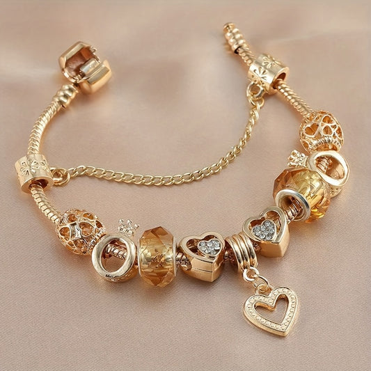 1PC Alloy Exquisite Golden Bracelet Diy Color Preserving Plating Fashionable Love Beads Charm Bracelet Valentine's Day Gift Jewelry Accessories