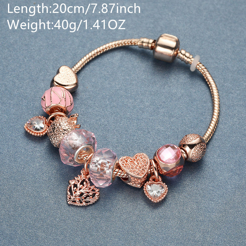 Rose Gold Life Tree Bracelet with White Stone and Pink Beads - Elegant and Versatile Accessory for All Occasions!