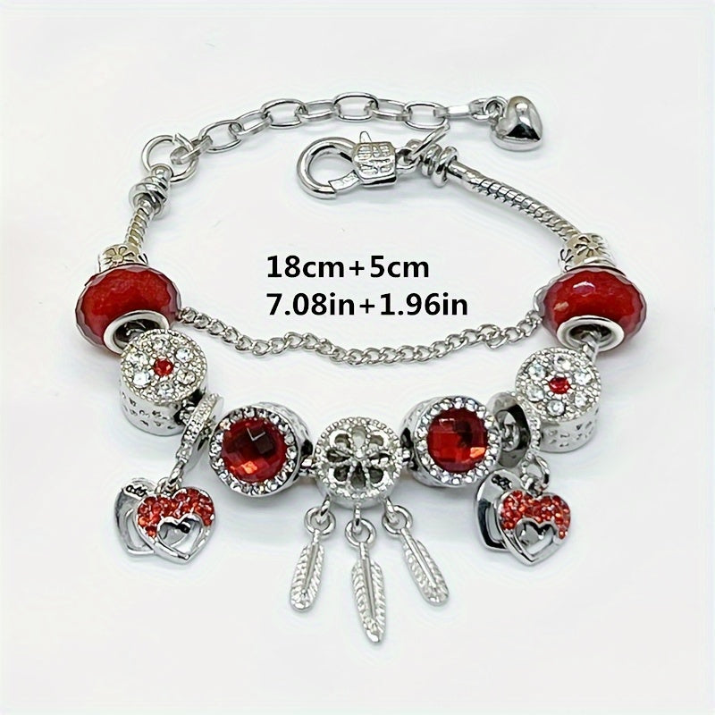 1pc Stunning Red Heart Charm Bracelet with Rhinestone Beads - Perfect Valentine's Day Gift