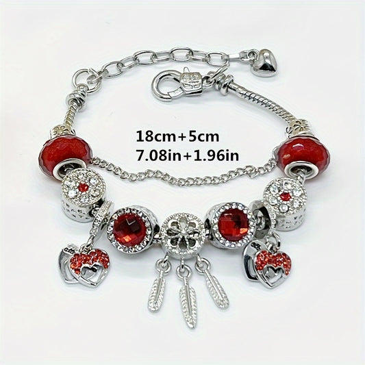 1pc Stunning Red Heart Charm Bracelet with Rhinestone Beads - Perfect Valentine's Day Gift