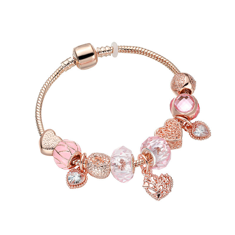 Bracelet arbre de vie en or rose avec pierre blanche et perles roses-accessoire élégant et polyvalent pour toutes les occasions!