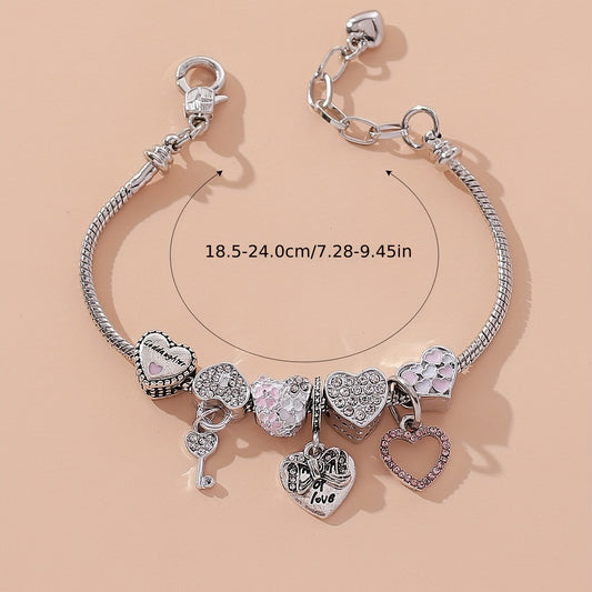 Elegante Love Heart e Key Pendant Beaded Bracelet - Joias de mão versáteis para um look moderno