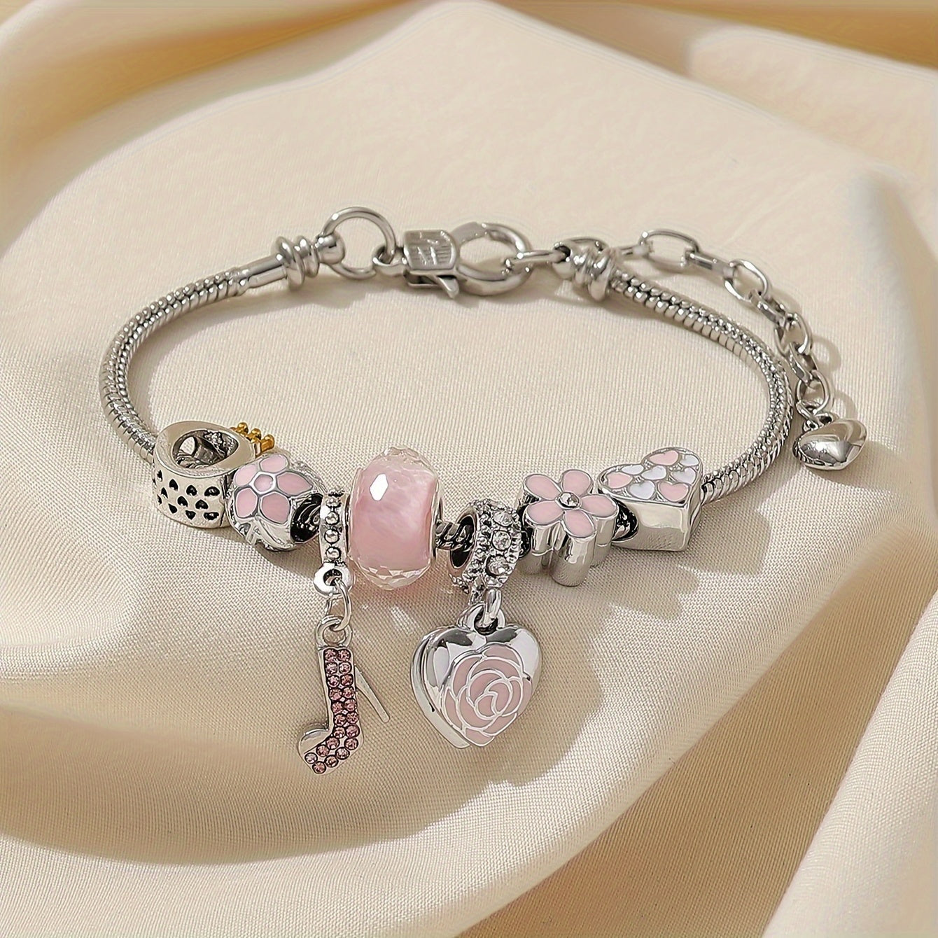 1pc Elegant Pink High Heel Love Heart Bangle Bracelet with Flower Beads