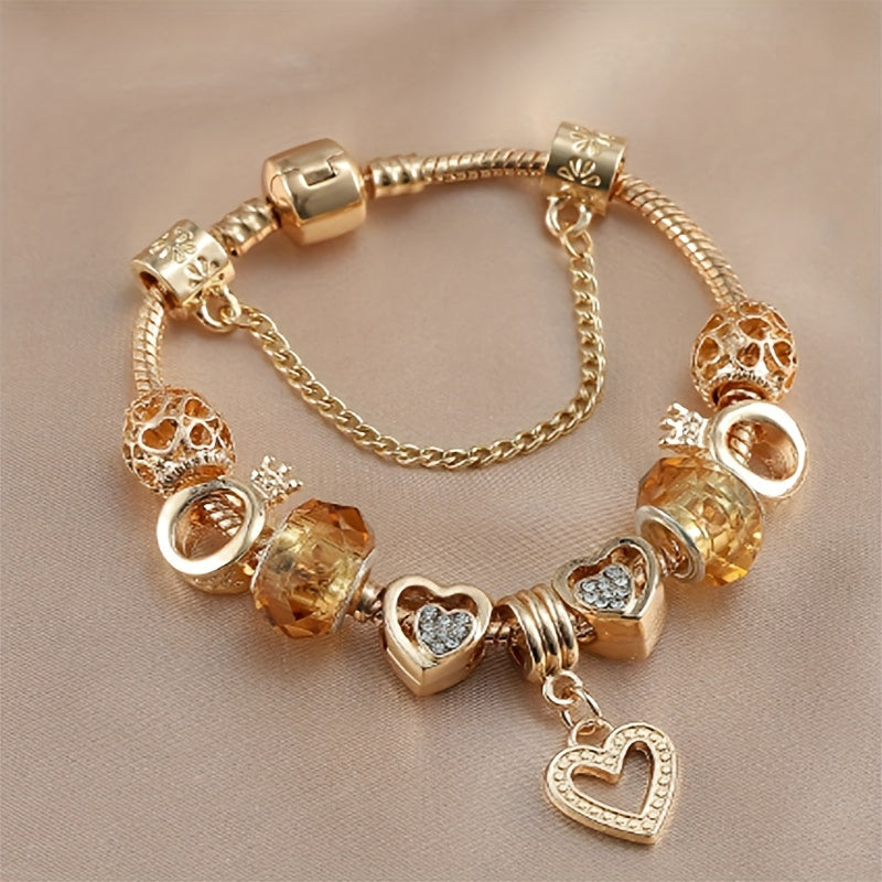 1PC Alloy Exquisite Golden Bracelet Diy Color Preserving Plating Fashionable Love Beads Charm Bracelet Valentine's Day Gift Jewelry Accessories