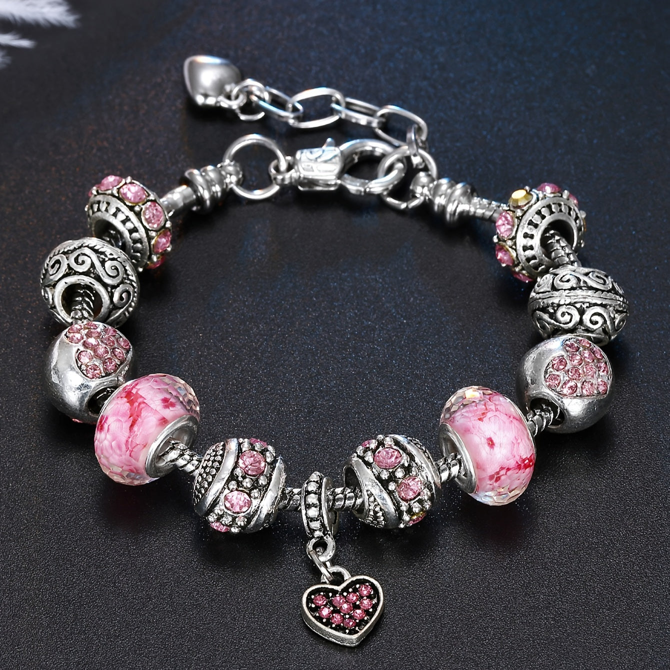 1pc rosa amor coração pingente pulseira frisada com contas de strass elegante corda de mão estilo boho