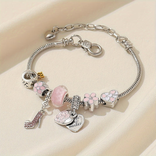 1pc Elegant Pink High Heel Love Heart Bangle Bracelet with Flower Beads - Hand Jewelry for Women