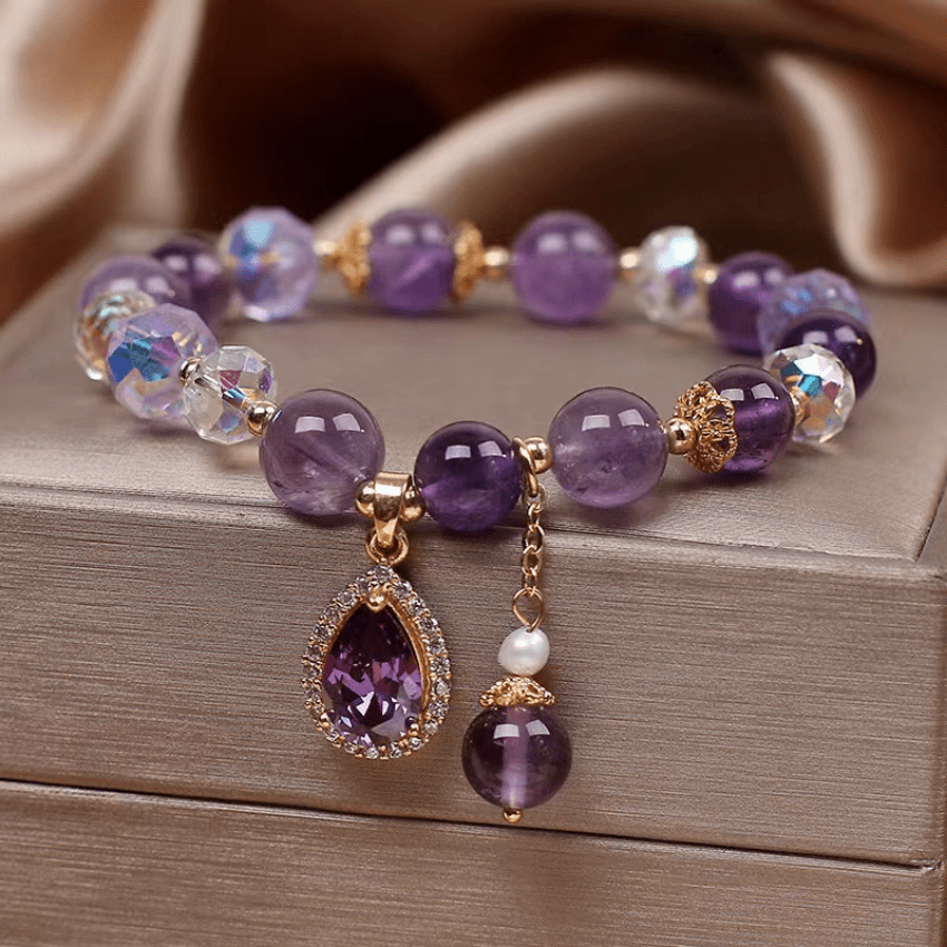 14K Plated Beaded Bracelet Water Drop Shape Synthetic Gemstones Pendant Elegant Hand Jewelry