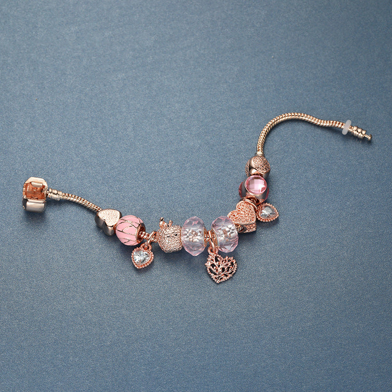 Rose Gold Life Tree Bracelet with White Stone and Pink Beads - Elegant and Versatile Accessory for All Occasions!