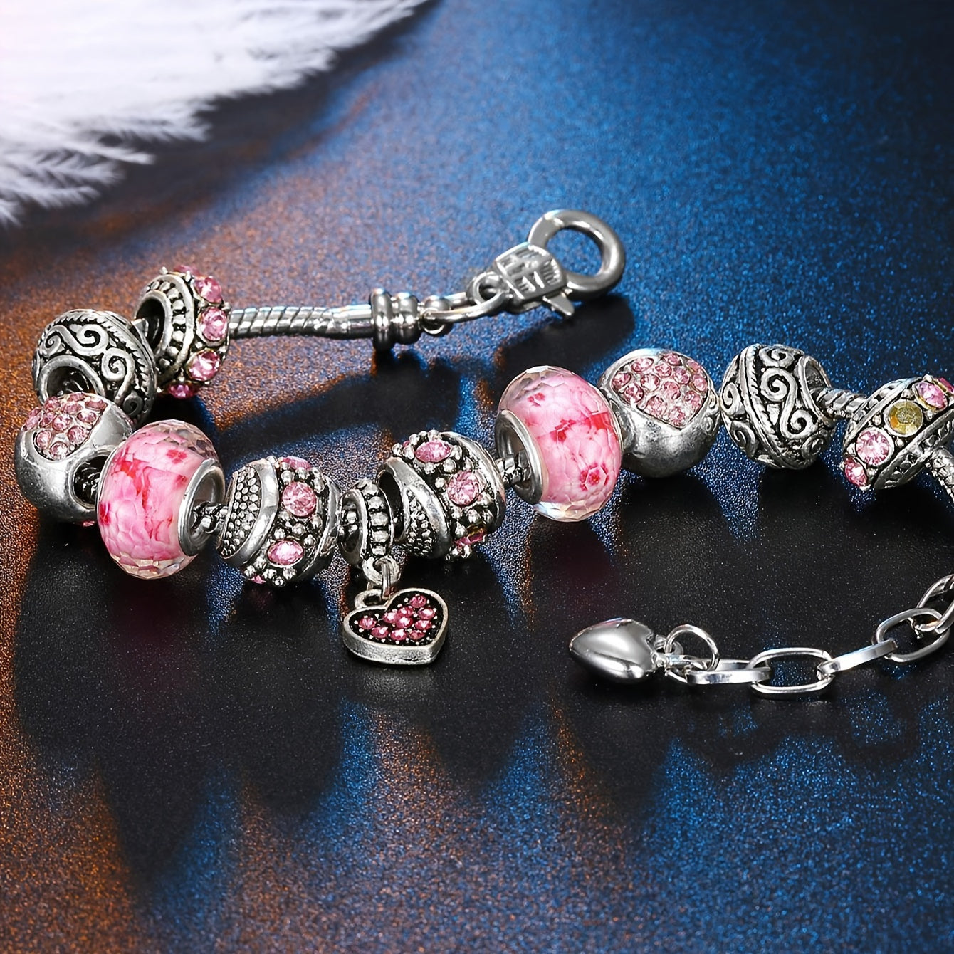 1pc Pink Love Heart Pendant Beaded Bracelet With Rhinestone Beads Elegant Hand String Boho Style