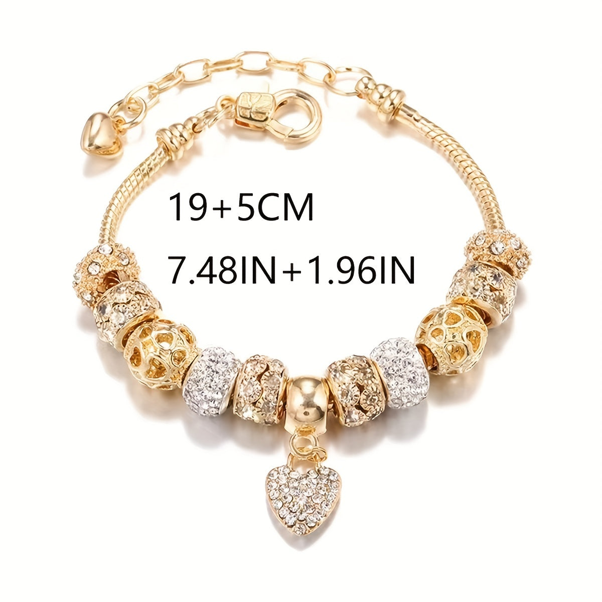 Simple Full Cubic Zirconia Decor Heart Charm Beaded Bracelet, Shiny Snake Chain Bracelet For Girls