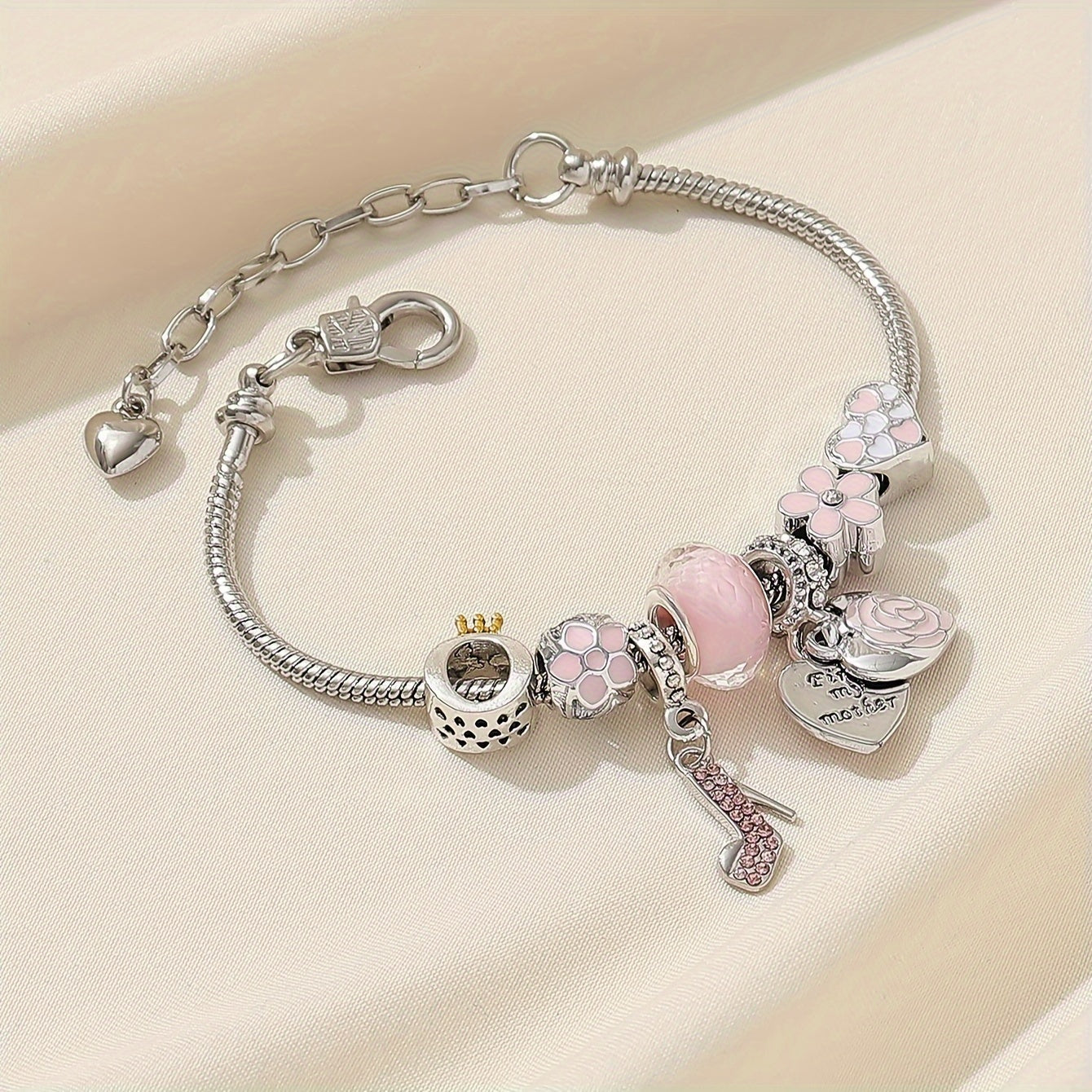 1pc Elegant Pink High Heel Love Heart Bangle Bracelet with Flower Beads