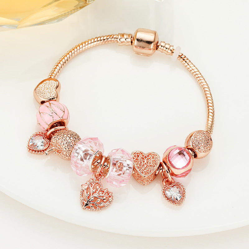 Bracelet arbre de vie en or rose avec pierre blanche et perles roses-accessoire élégant et polyvalent pour toutes les occasions!