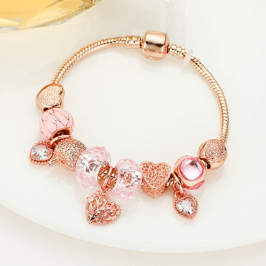 Rose Gold Life Tree Bracelet with White Stone and Pink Beads - Elegant and Versatile Accessory for All Occasions!