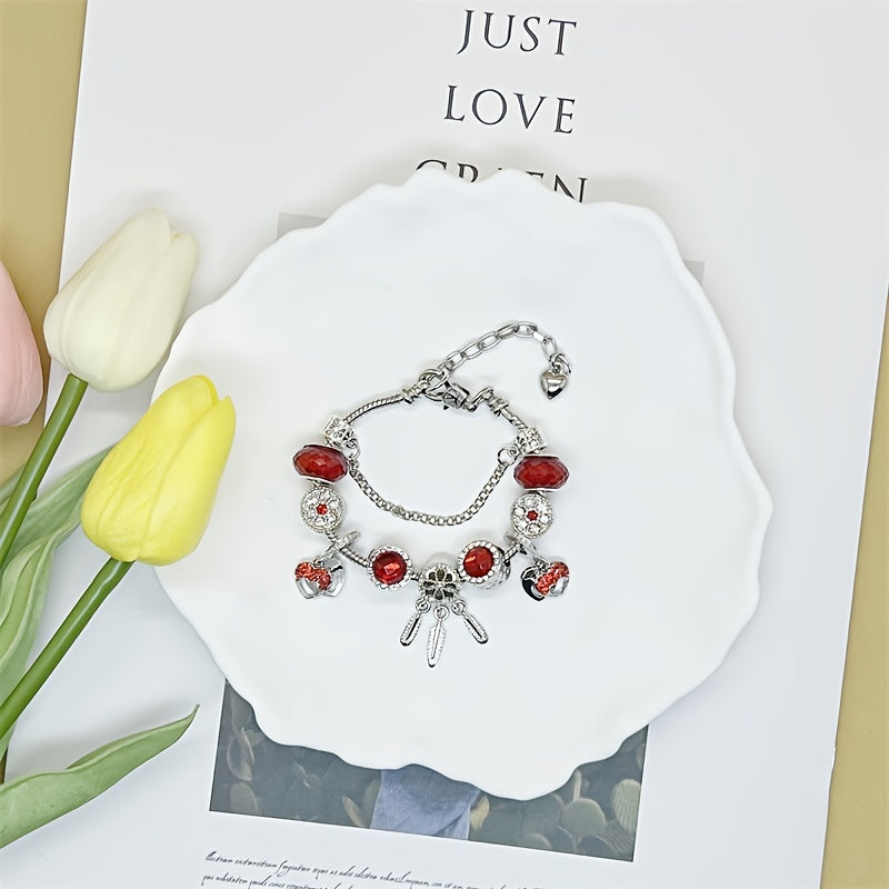 1pc Stunning Red Heart Charm Bracelet with Rhinestone Beads - Perfect Valentine's Day Gift