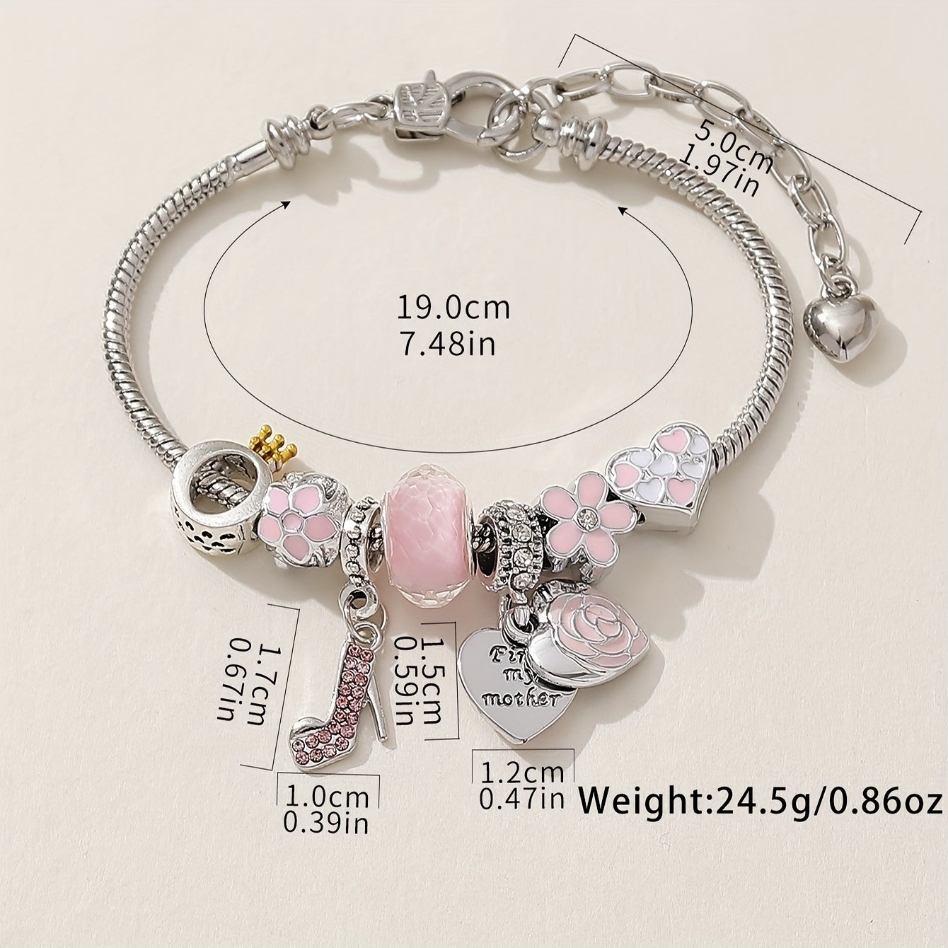 1pc Elegant Pink High Heel Love Heart Bangle Bracelet with Flower Beads