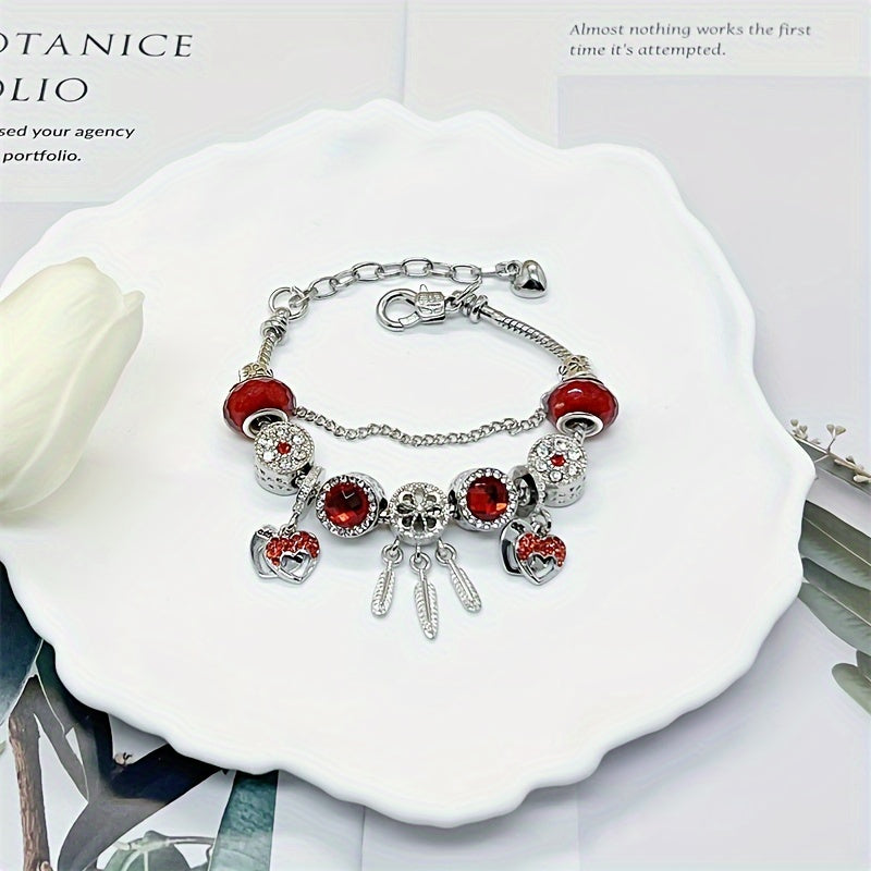 1pc Stunning Red Heart Charm Bracelet with Rhinestone Beads - Perfect Valentine's Day Gift