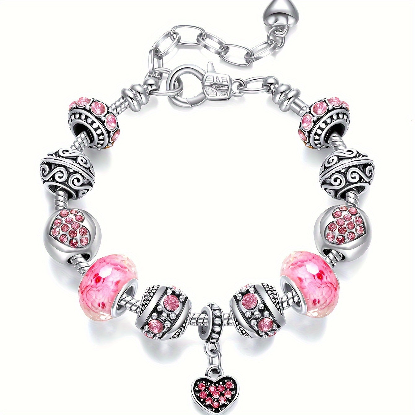 1pc Pink Love Heart Pendant Beaded Bracelet With Rhinestone Beads Elegant Hand String Boho Style