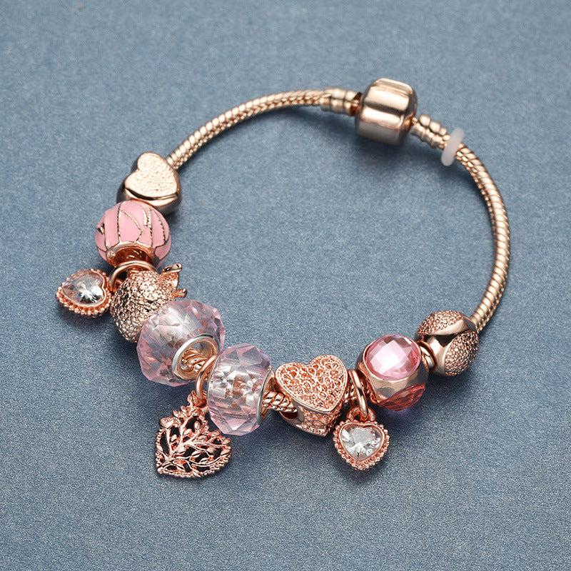 Rose Gold Life Tree Bracelet with White Stone and Pink Beads - Elegant and Versatile Accessory for All Occasions!