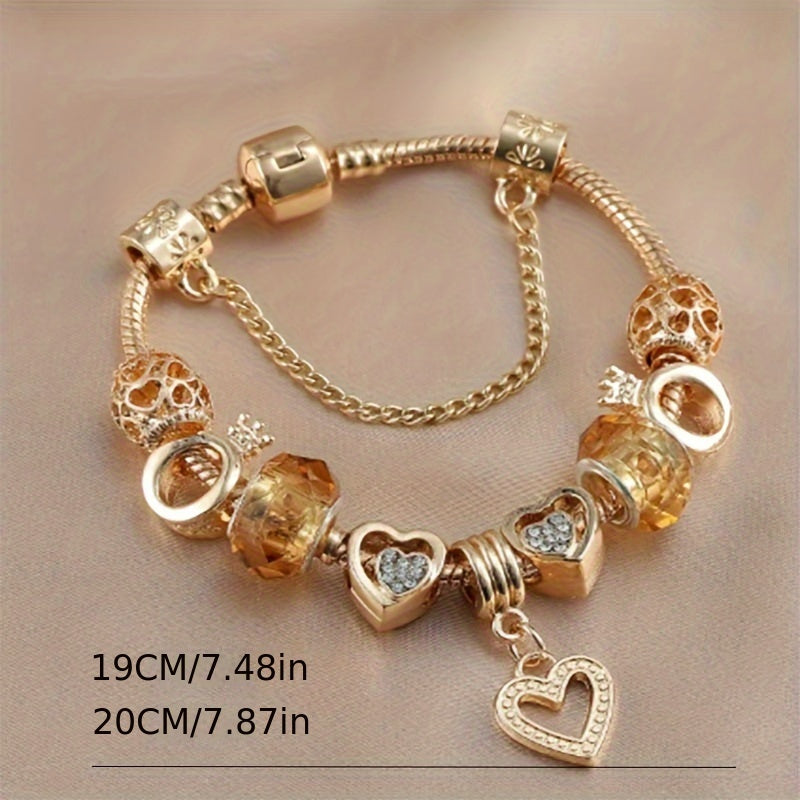 1PC Alloy Exquisite Golden Bracelet Diy Color Preserving Plating Fashionable Love Beads Charm Bracelet Valentine's Day Gift Jewelry Accessories