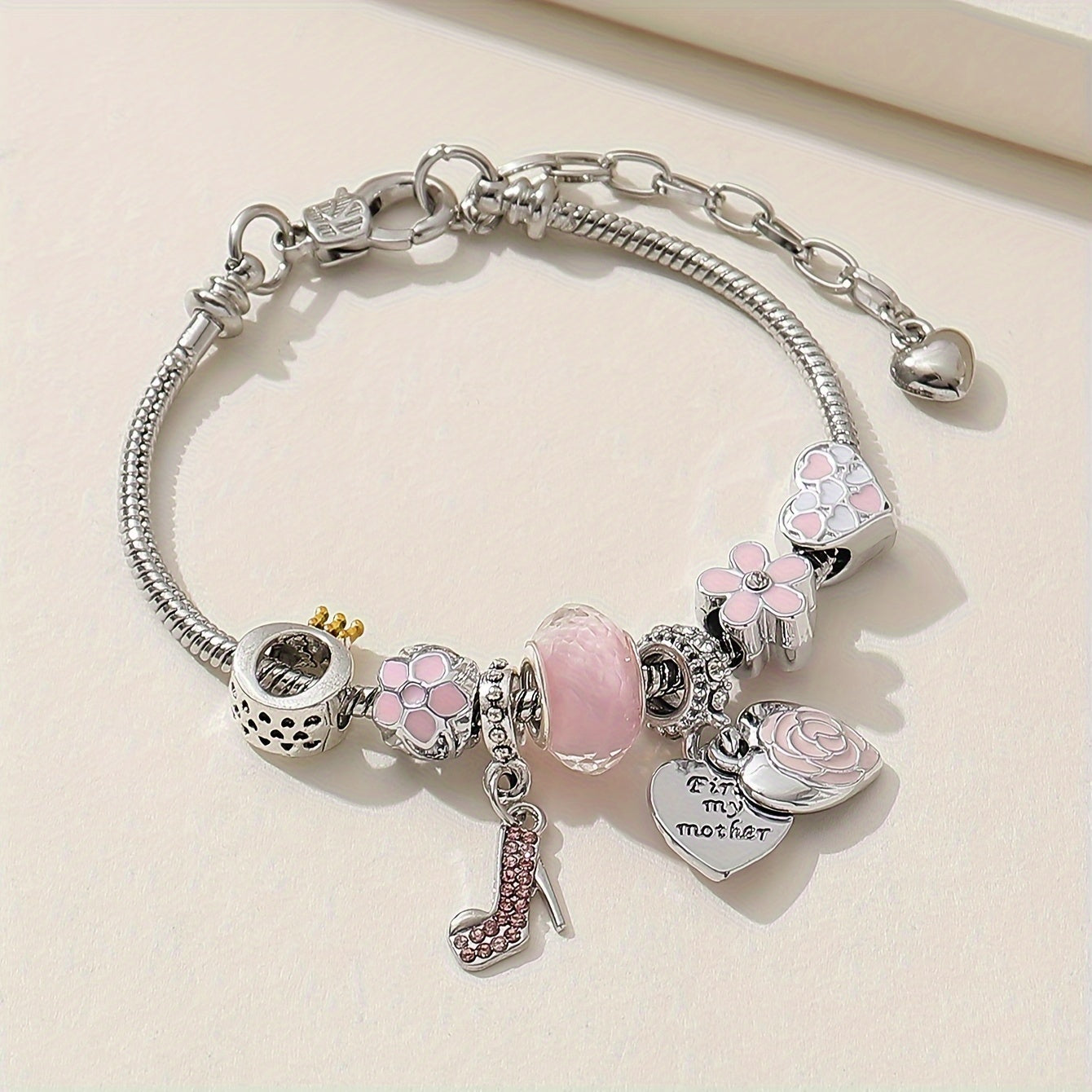 1pc Elegant Pink High Heel Love Heart Bangle Bracelet with Flower Beads