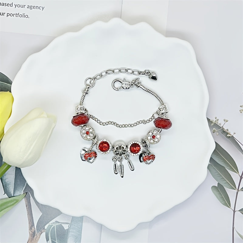 1pc Stunning Red Heart Charm Bracelet with Rhinestone Beads - Perfect Valentine's Day Gift