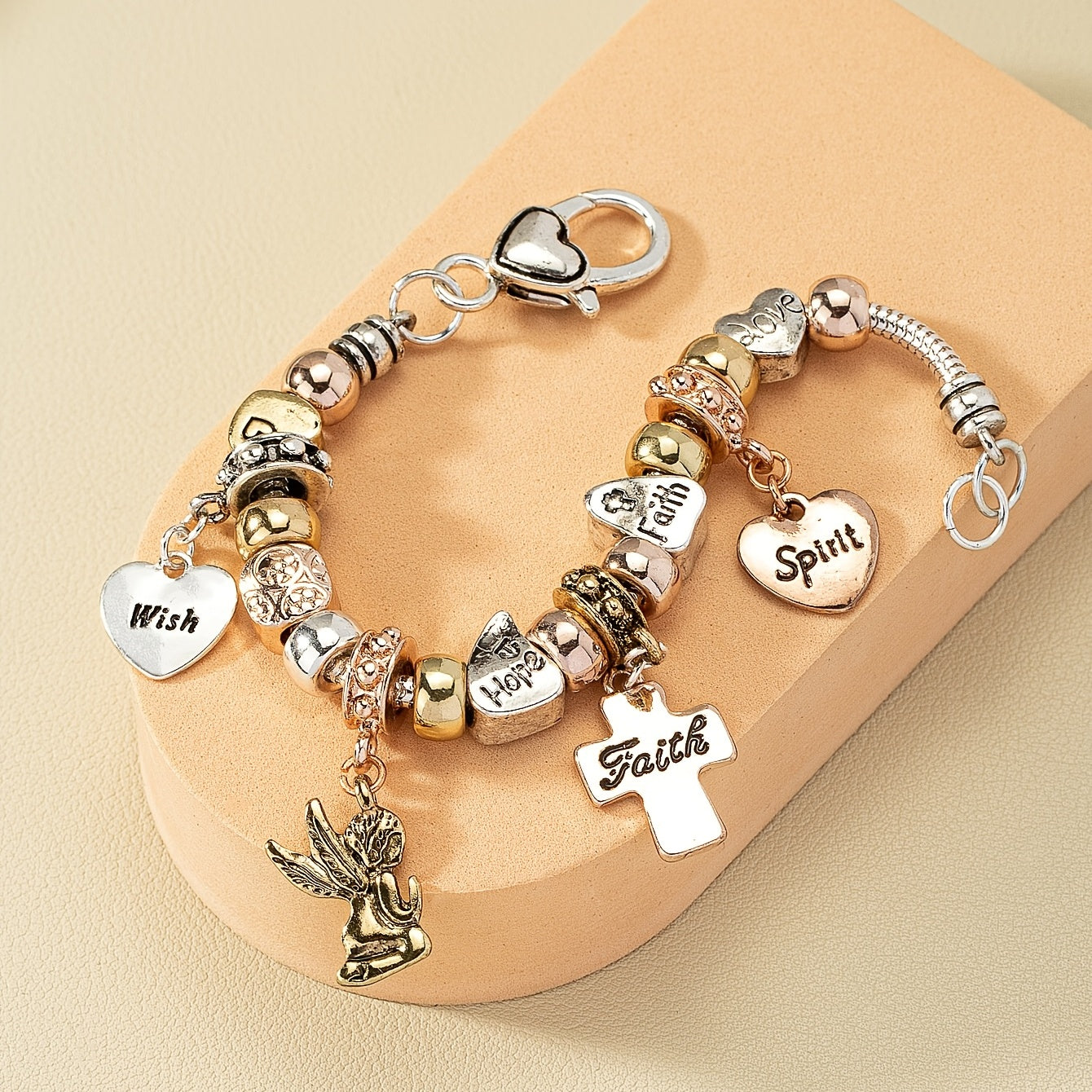 Snake Chain Beaded Bracelet Cross & Love Heart Etc Shape Pendant Sweet Alloy Bracelet For Women & Girls