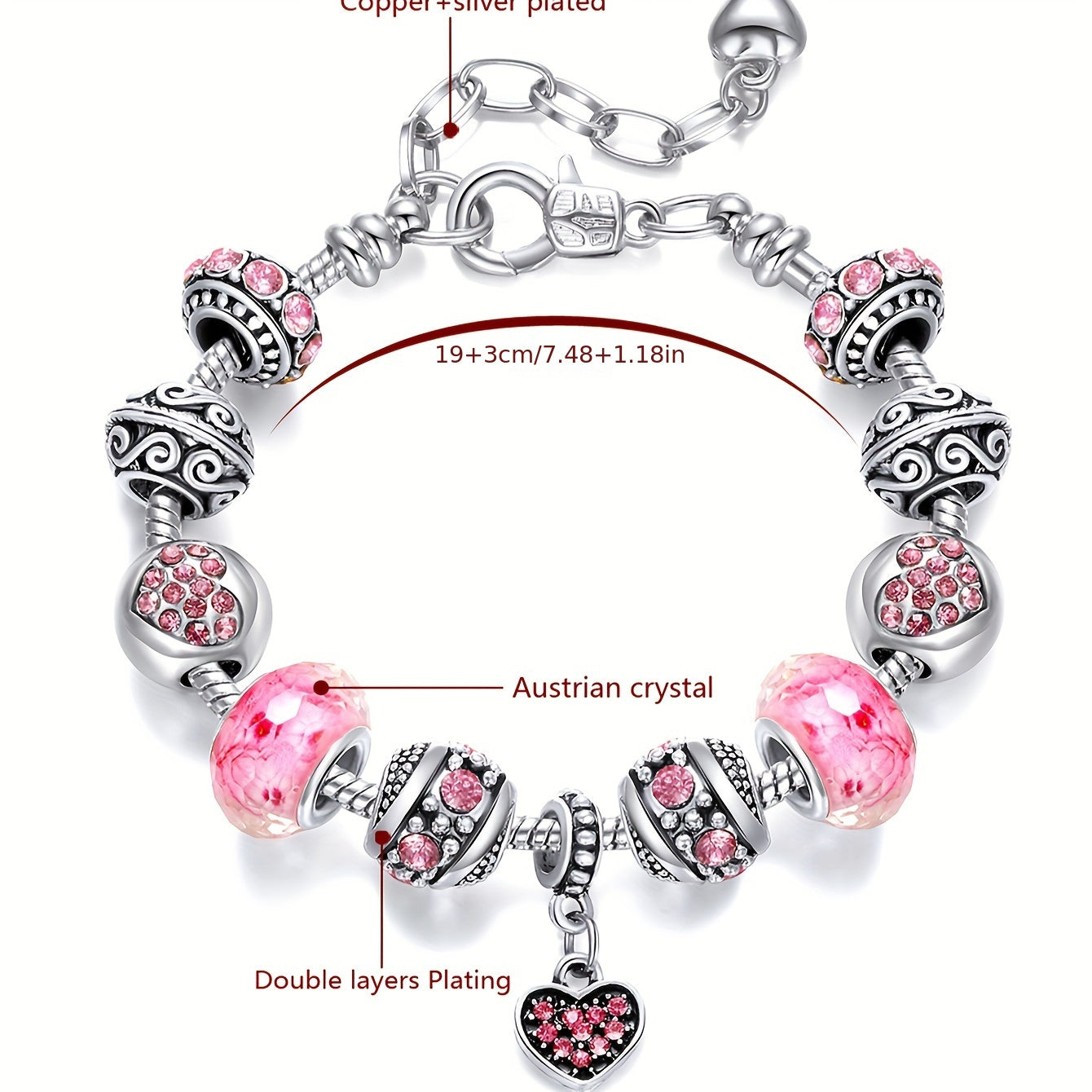 1pc Pink Love Heart Pendant Beaded Bracelet With Rhinestone Beads Elegant Hand String Boho Style