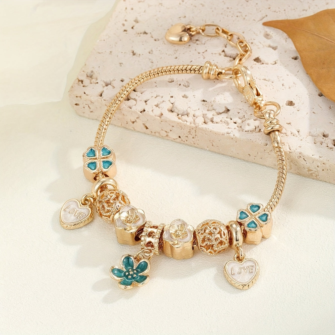 1pc Minimalist And Fashionable Charm Bracelet, Pink And Blue Flower Series Love Heart Clover Flower DIY Charm Bracelet