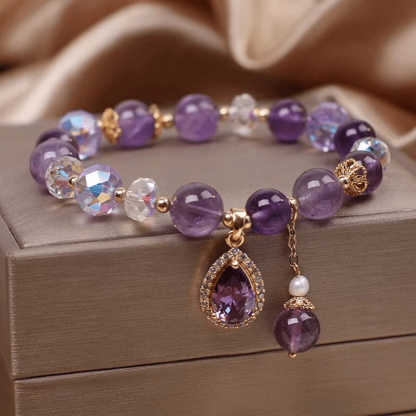 14K Plated Beaded Bracelet Water Drop Shape Synthetic Gemstones Pendant Elegant Hand Jewelry