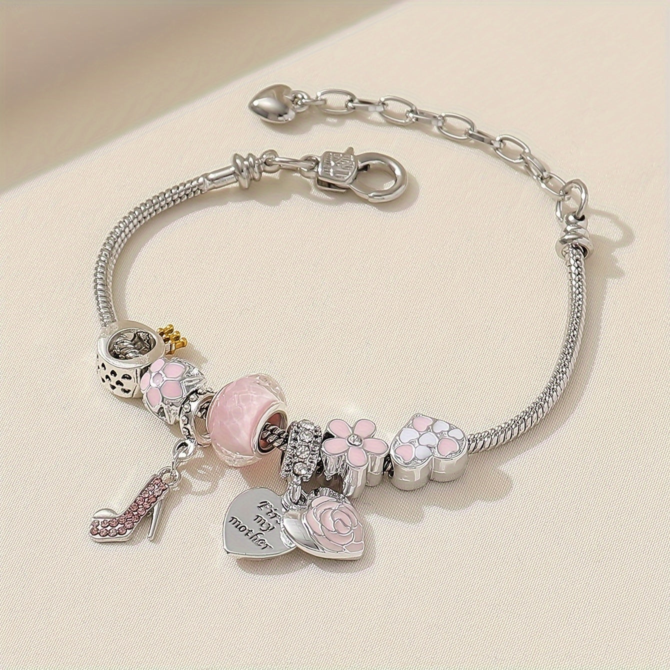 1pc Elegant Pink High Heel Love Heart Bangle Bracelet with Flower Beads