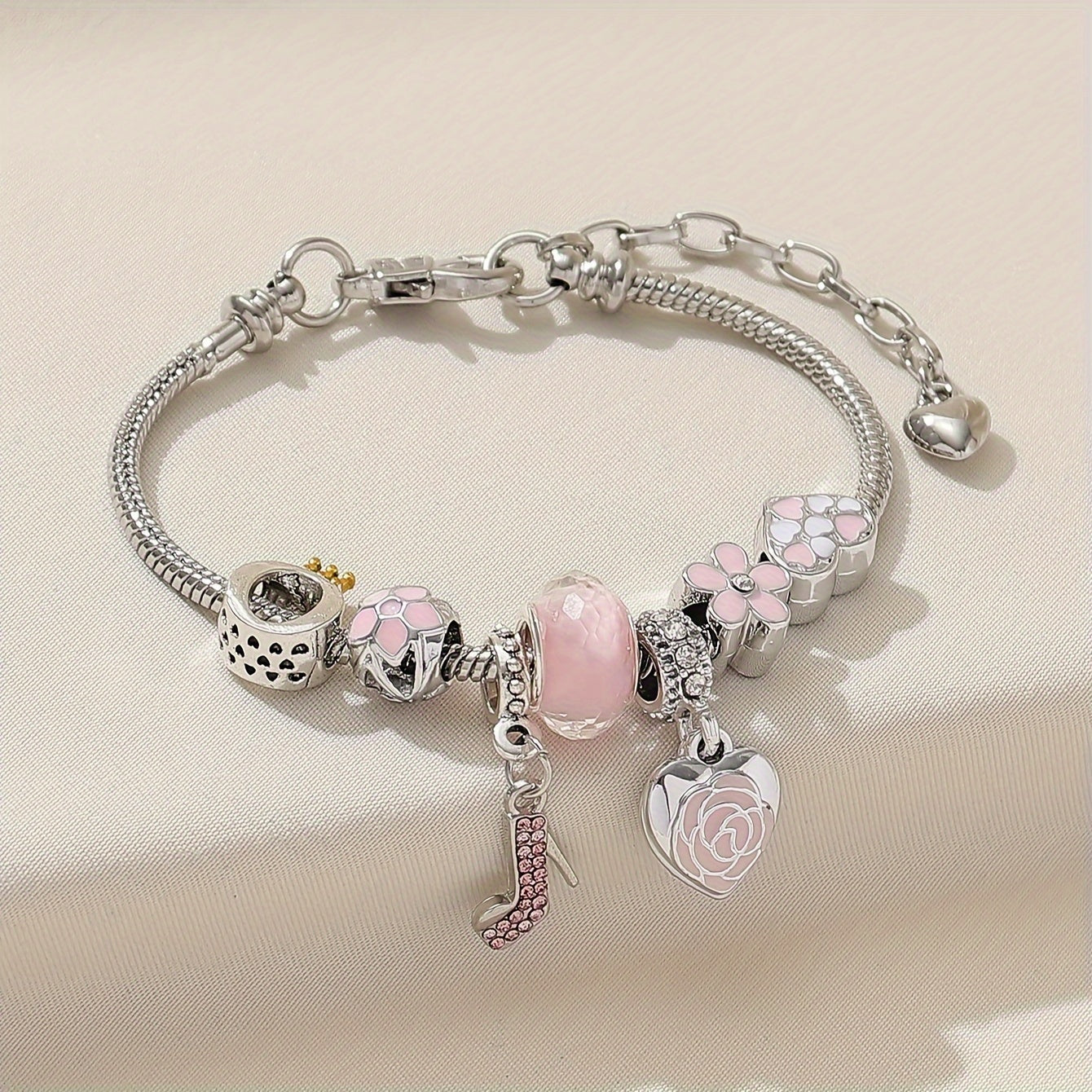 1pc Elegant Pink High Heel Love Heart Bangle Bracelet with Flower Beads - Hand Jewelry for Women