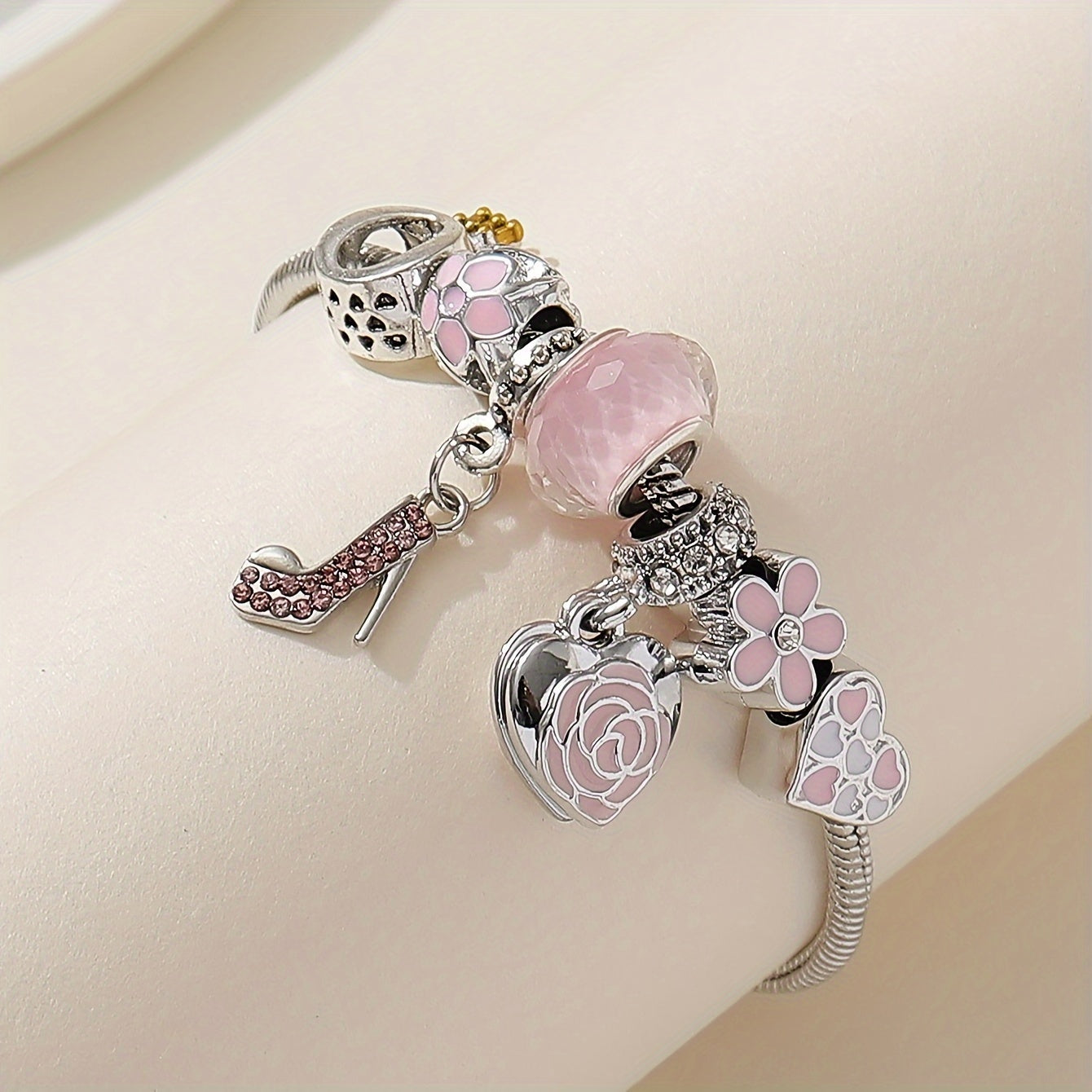 1pc Elegant Pink High Heel Love Heart Bangle Bracelet with Flower Beads