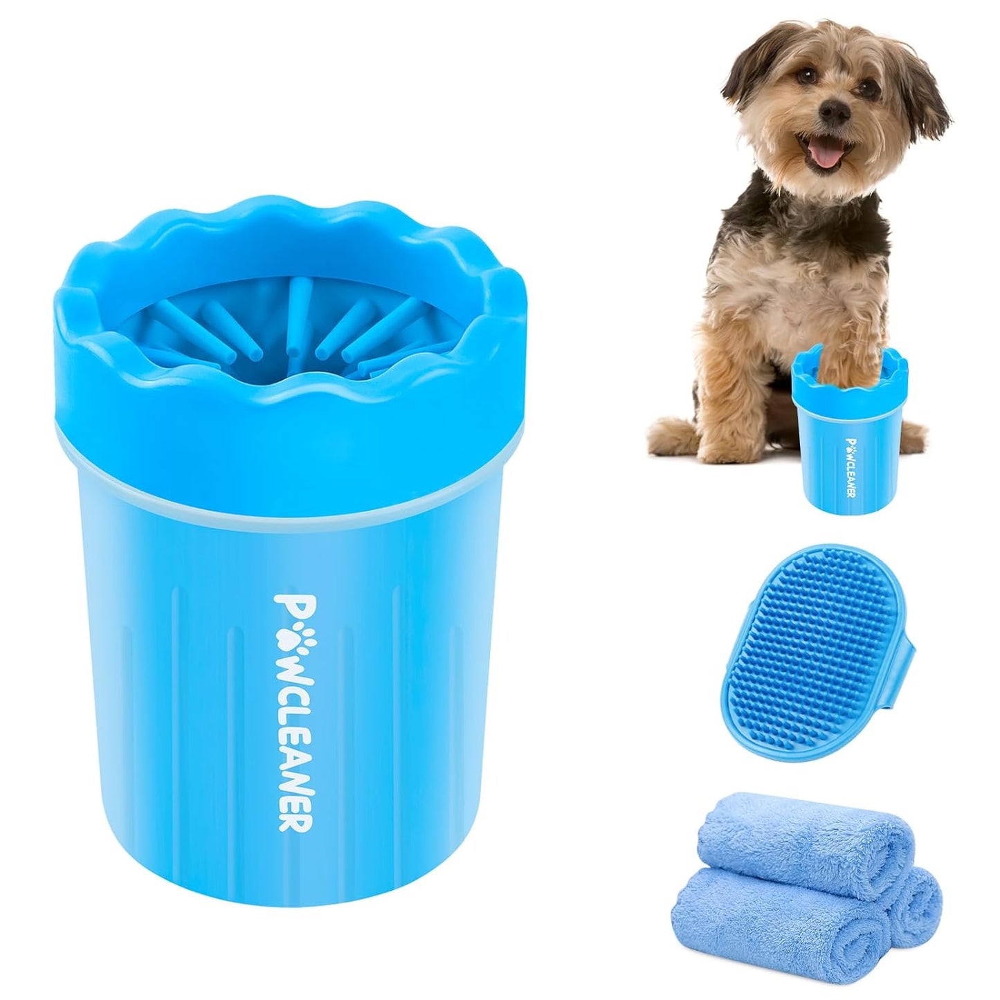 Limpador de patas de cachorro Comotech, lavador de patas de cachorro portátil, escova de silicone para limpeza de animais de estimação com 3 toalhas absorventes, limpador de pés de animais de estimação para cães de raças pequenas (rosa)