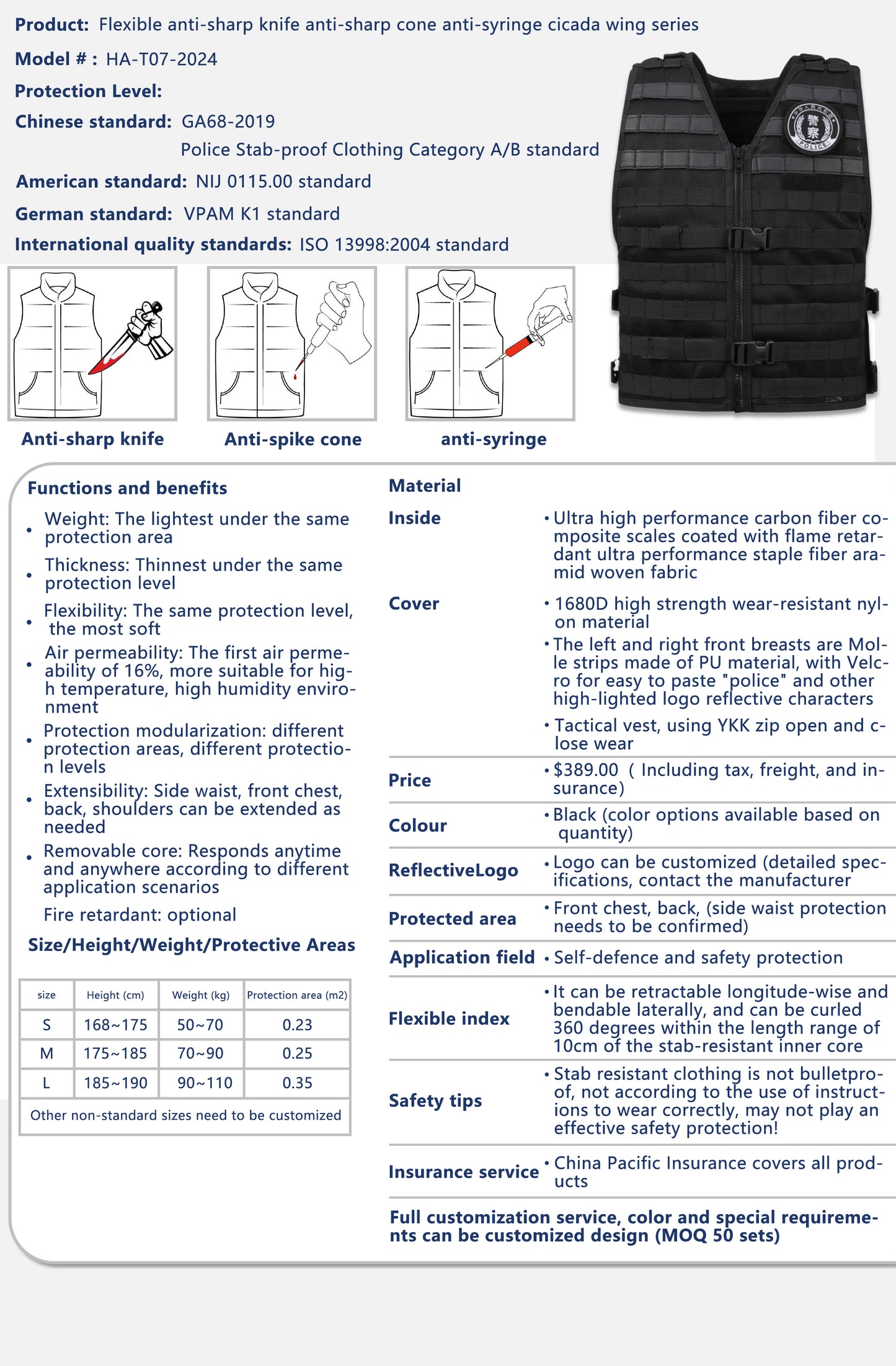 High armor protection flexible stab-proof quilted cotton vest