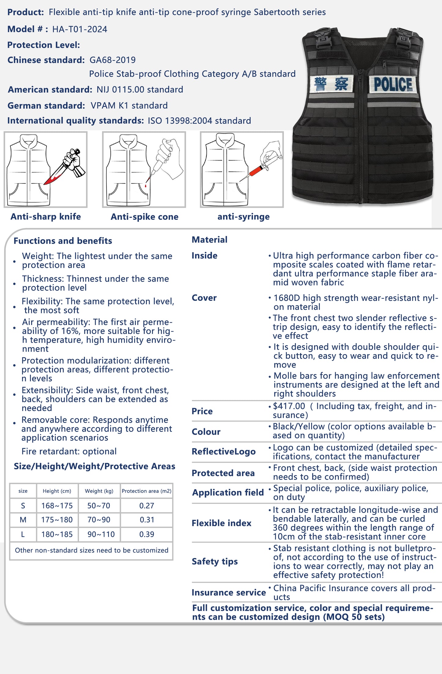 High armor protection flexible stab-proof quilted cotton vest