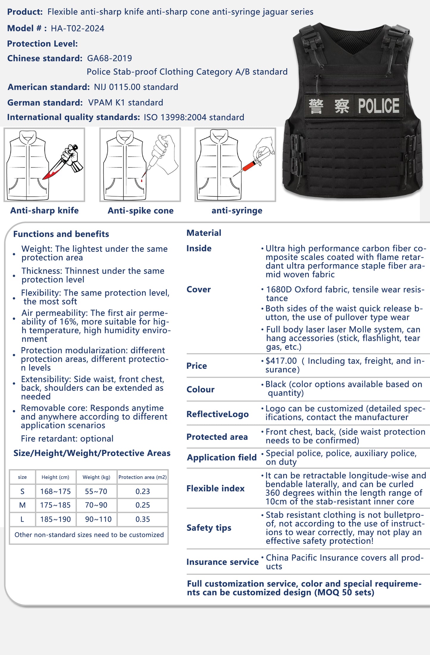 Gilet en coton matelassé anti-poignardage flexible de protection haute armure