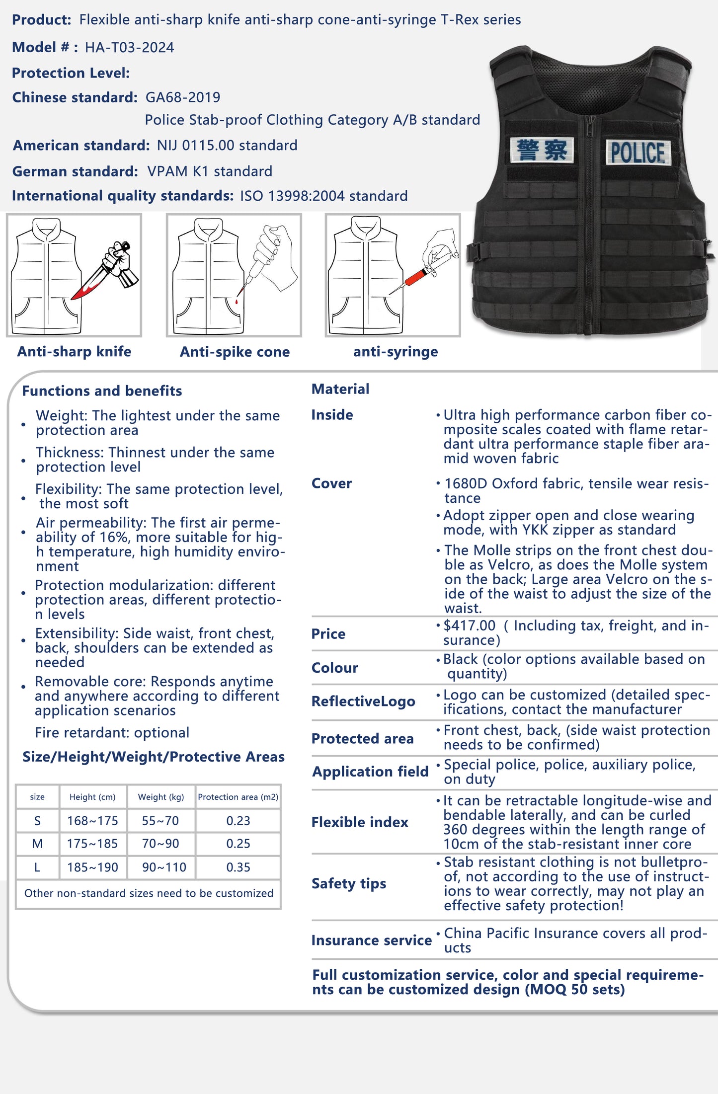 High armor protection flexible stab-proof quilted cotton vest