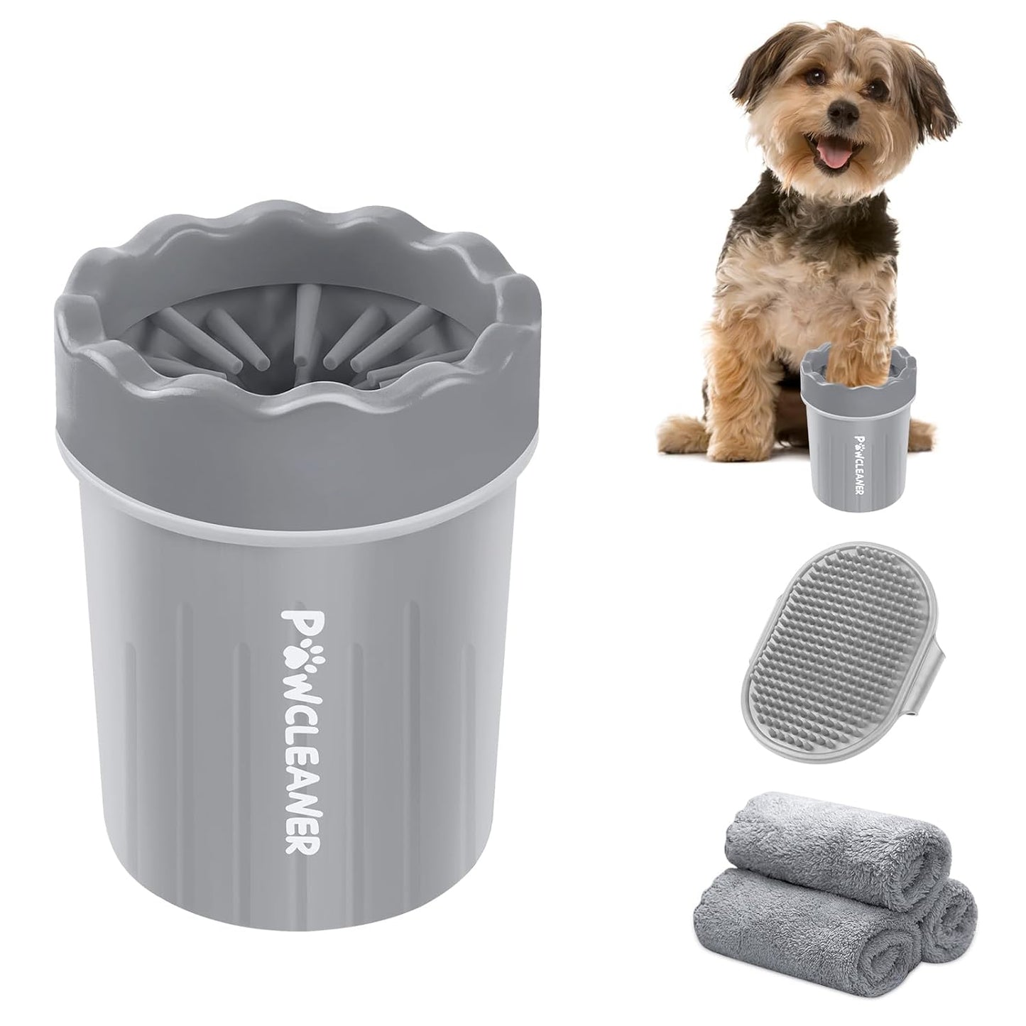 Limpador de patas de cachorro Comotech, lavador de patas de cachorro portátil, escova de silicone para limpeza de animais de estimação com 3 toalhas absorventes, limpador de pés de animais de estimação para cães de raças pequenas (rosa)