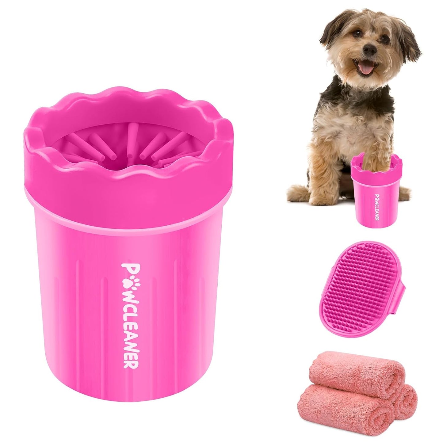 Comotech Dog Paw Cleaner, Portable Dog Paw Washer Pet Cleaning Silicone Brush with 3 Absorbent Towel, Pet Foot Cleaner for Small Breed Dogs(Pink)