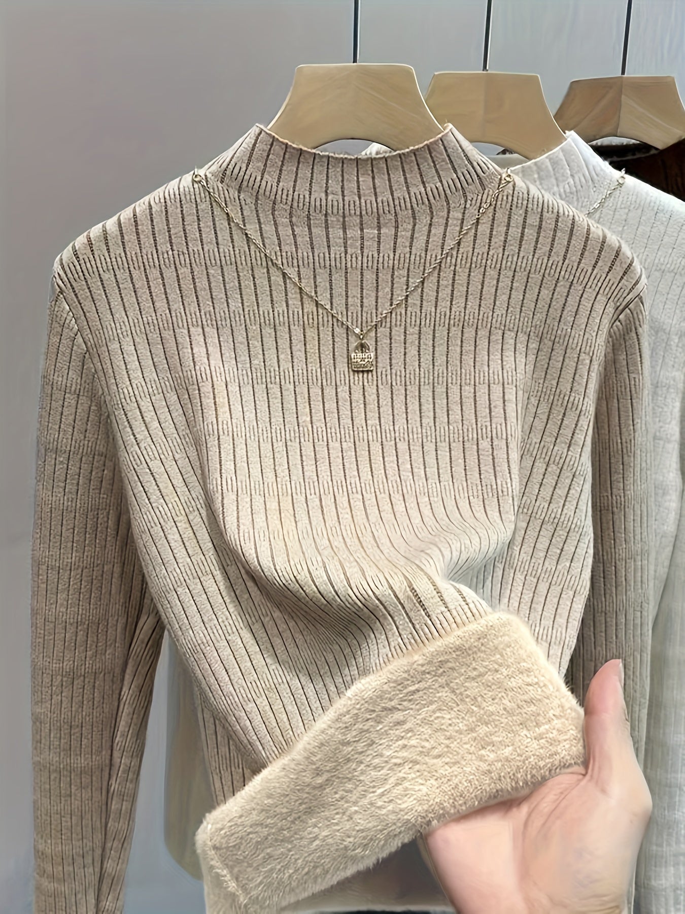 Valentine's Day Mock Neck Fleece Rib Knit Sweater, Casual Long Sleeve Slim Versatile Sweater, Women's Clothing