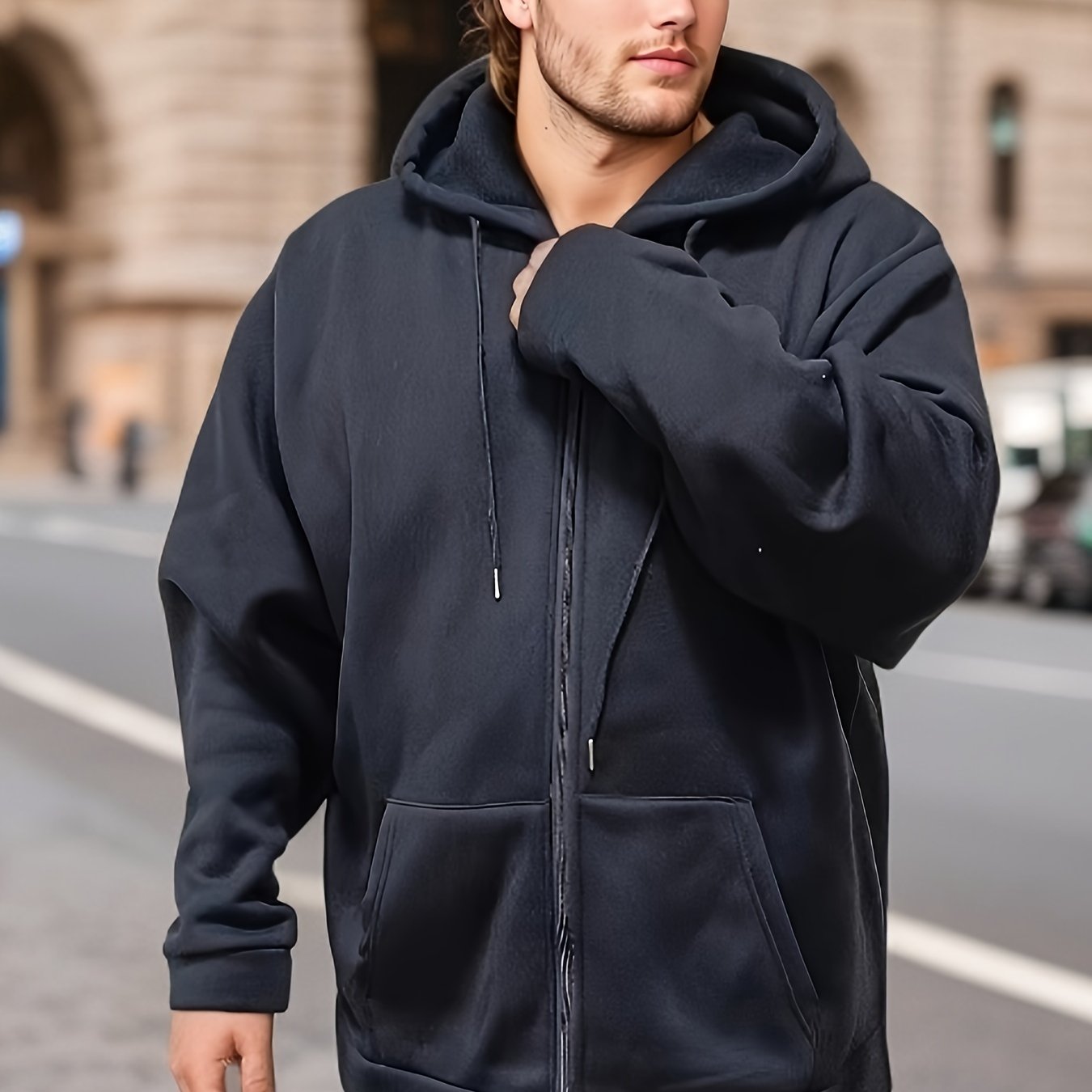 Plus Size Men's Solid Hoodies Oversized Hooded Jacket With Zipper For Fall Winter, Men's Clothing