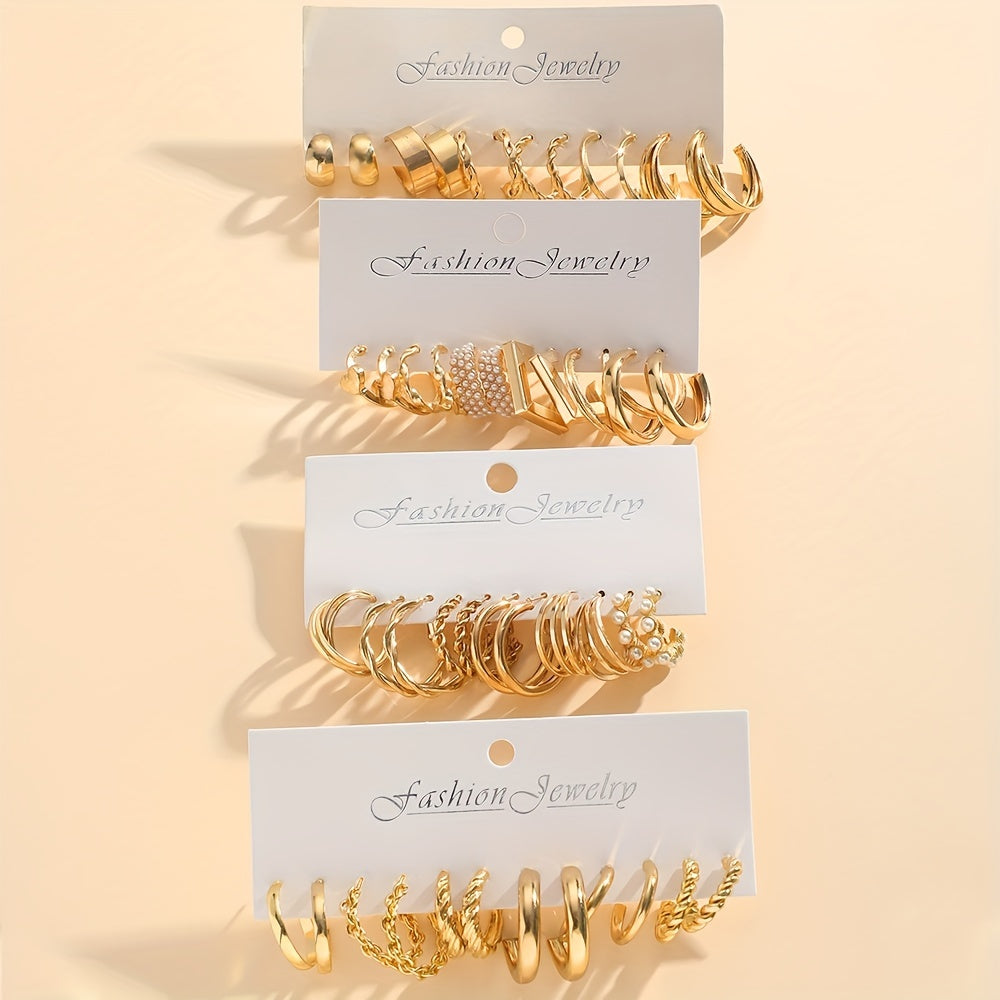 24 Pairs Golden Hoop Earrings Set With Faux Pearl Decor Sexy Simple Style Alloy Jewelry Delicate Female Gift