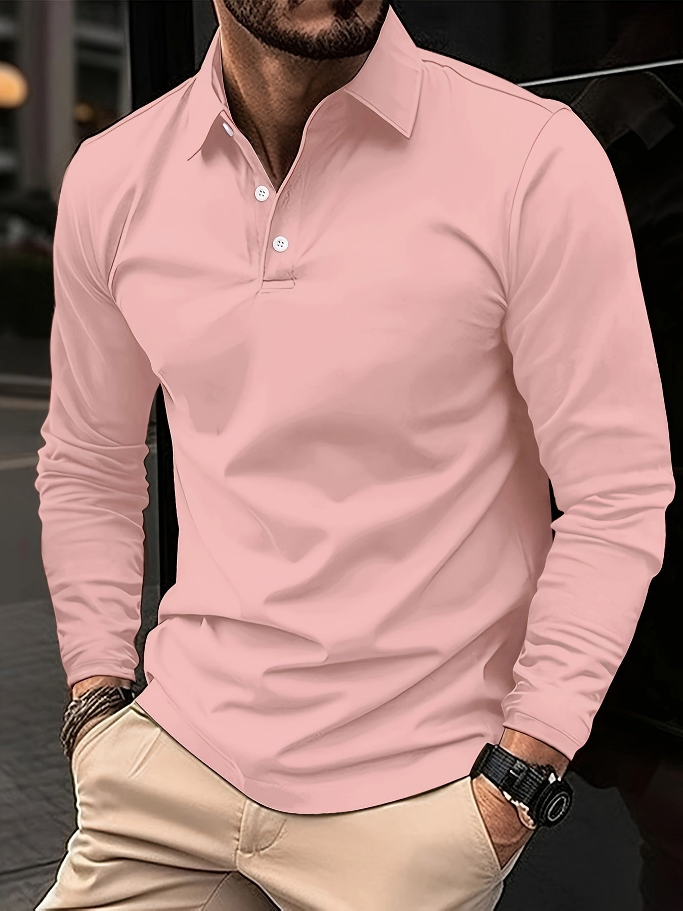 Men's Casual V-Neck Long Sleeve Rugby Shirt For Winter Autumn, Men's Clothing As Gift