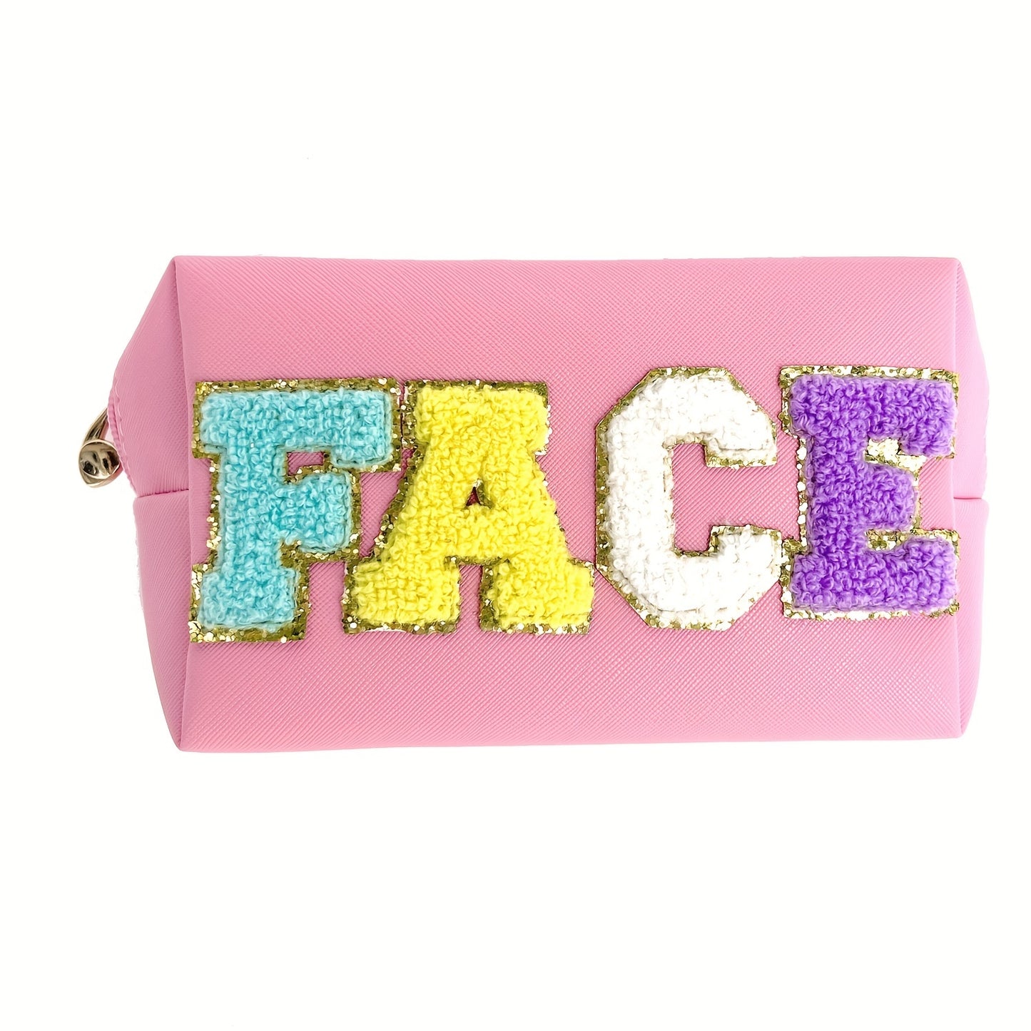 3 Stück Preppy Patch Make-up-Tasche mit HAUT HAARGESICHT Kleine Chenille Letter Kosmetik tasche Wasserdichte Reiß verschluss Hautpflege Pflege Taschen für Teenager Mädchen Tragbares Preppy Geschenk für Frauen (weiß, grün, rosa)