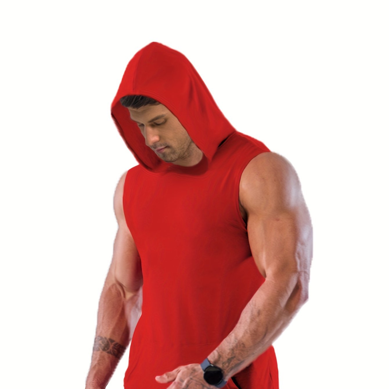 Plus Size Men's Solid Sleeveless Hoodies For Sports, Fashion Casual Hooded Tank Top For Summer, Men's Clothing